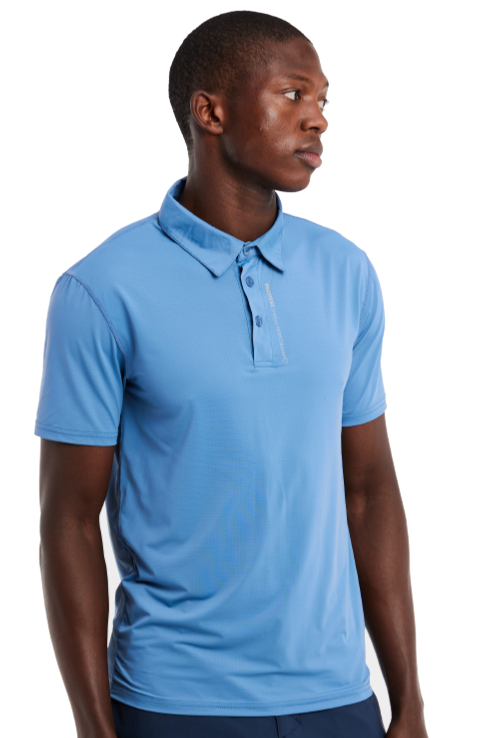 Man wearing a blue polo shirt