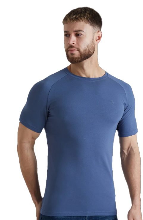 Man wearing a blue short-sleeve t-shirt